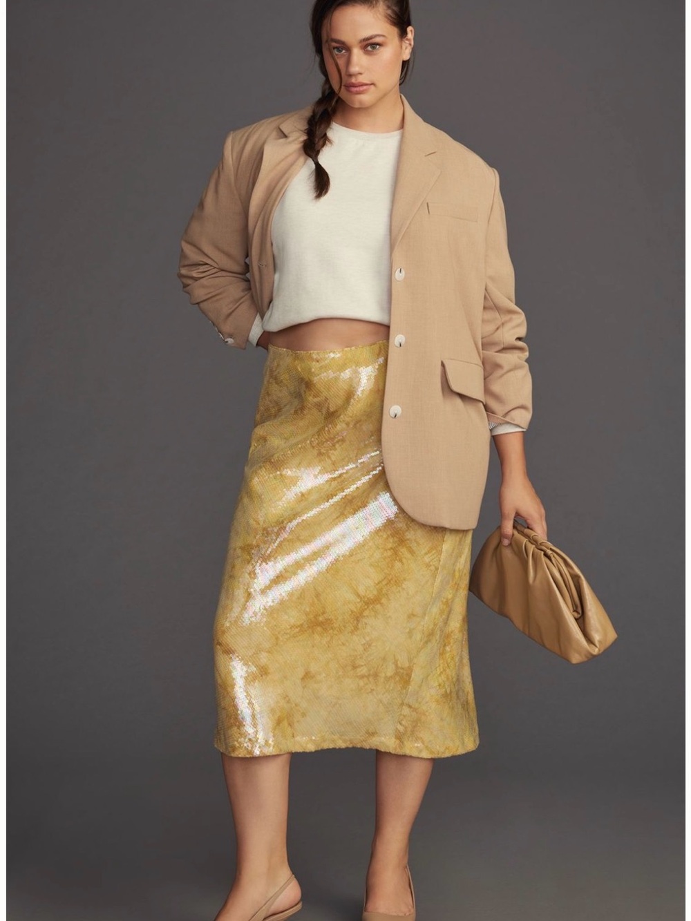Anthropologie Gold Sequin A-Line Midi Skirt